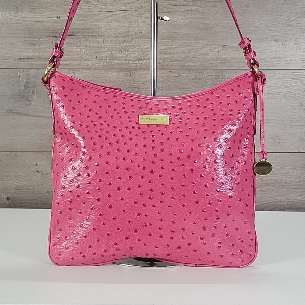 Brahmin Raspberry Mason Ostrich Embossed Leather Crossbody Bag New - Picture 2 of 16
